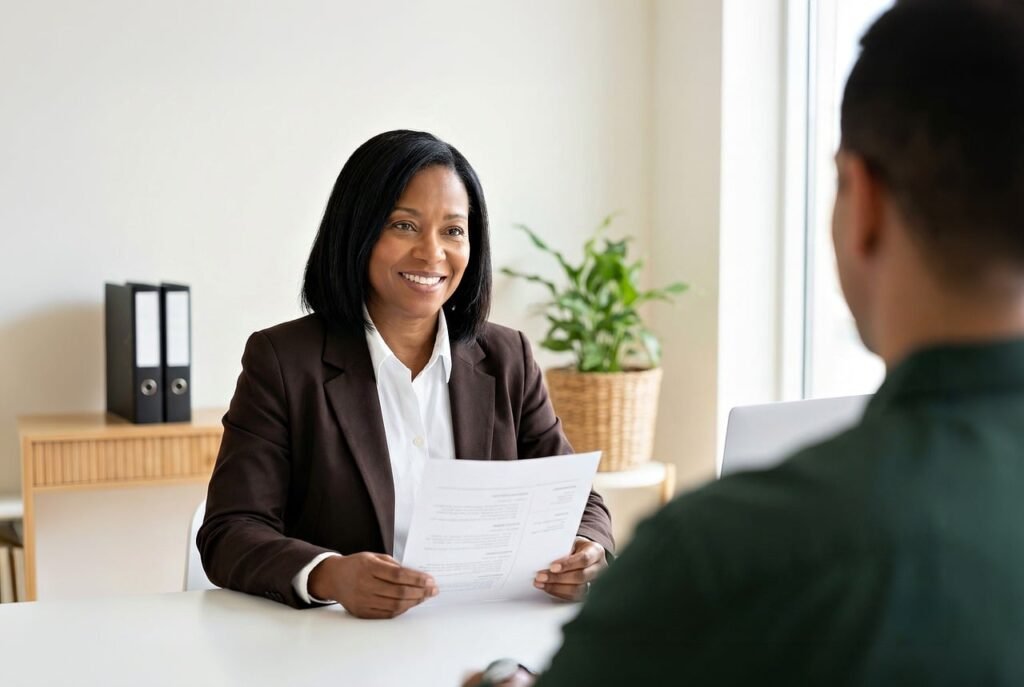 woman, professional, interview, affairs, office, smiling, candidate, document, meeting, desk, diverse, employee, track, hr, manager, business, recruitment, applicant, african american, happy, recruit, employer, ai generated